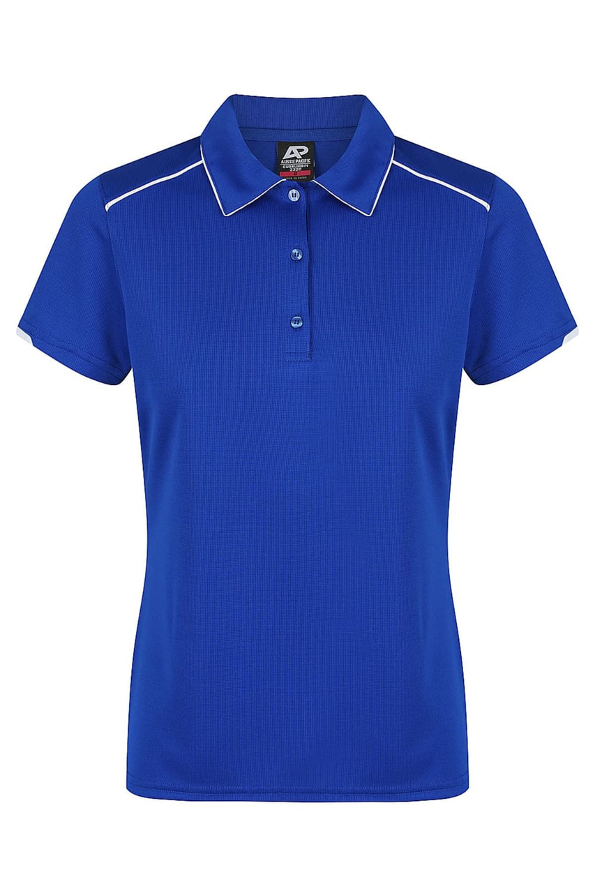 A blue polo shirt with a collar, featuring white piping and buttons, and a logo on the label.