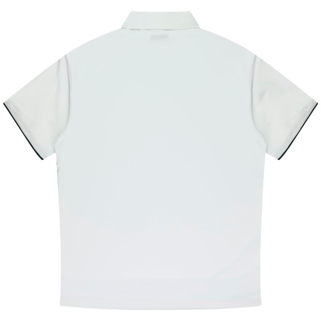 A white men's polo shirt featuring a collar and short sleeves, with a branding logo on the back.