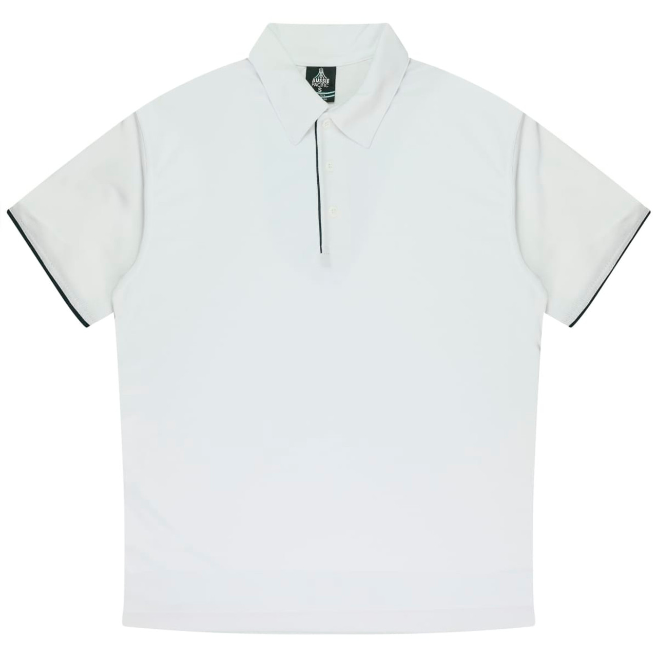 A white polo shirt with a collar and short sleeves, featuring a logo on the neck.