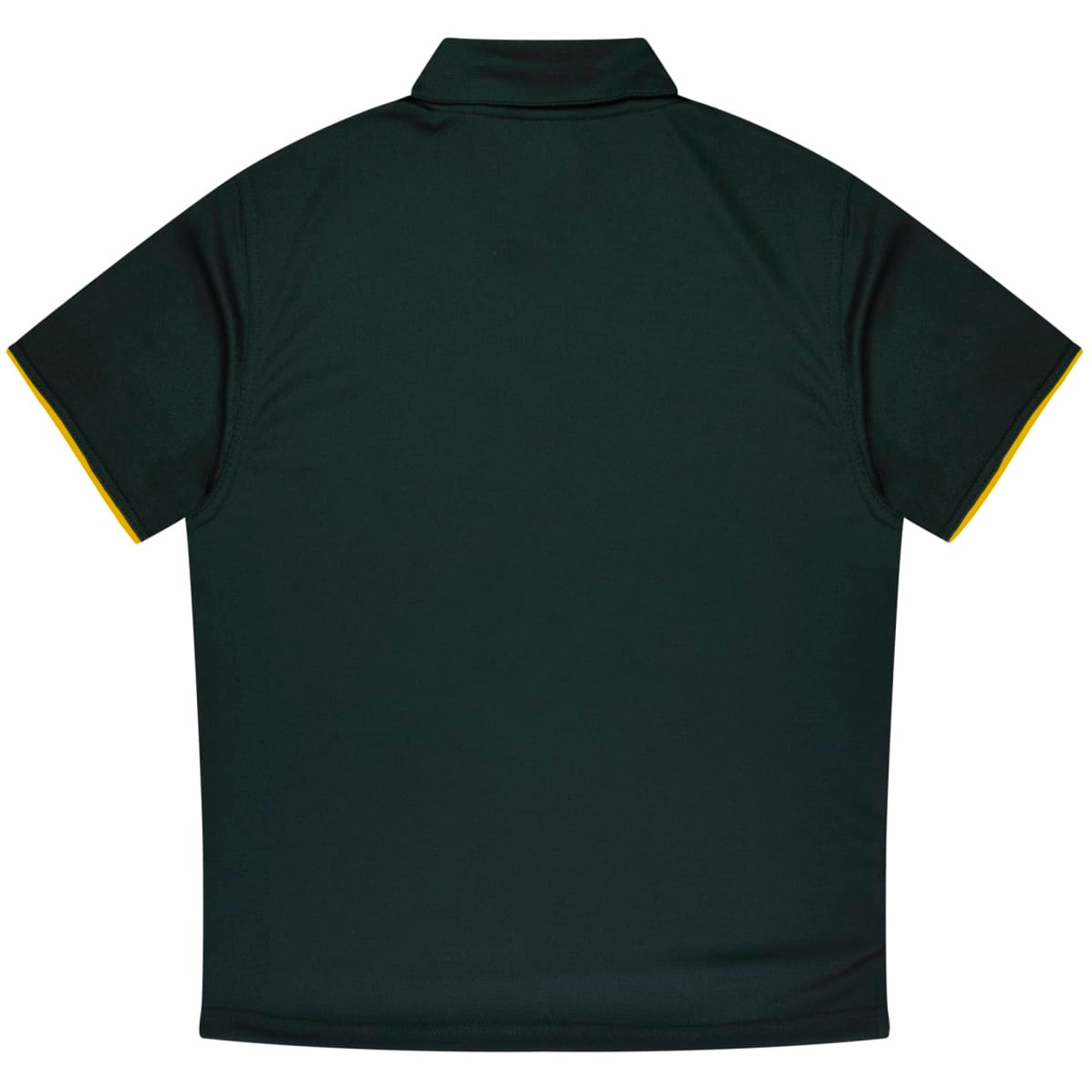 A dark green polo shirt with a collar, featuring yellow accents. The back is plain with no visible branding.
