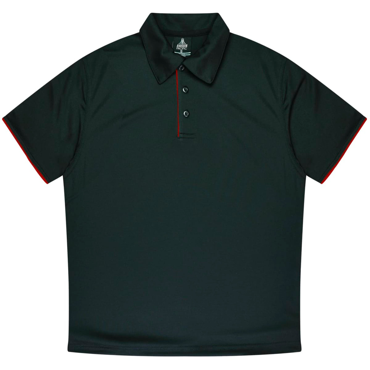 A dark green polo shirt with red accents, featuring a branded logo and a classic collar design.