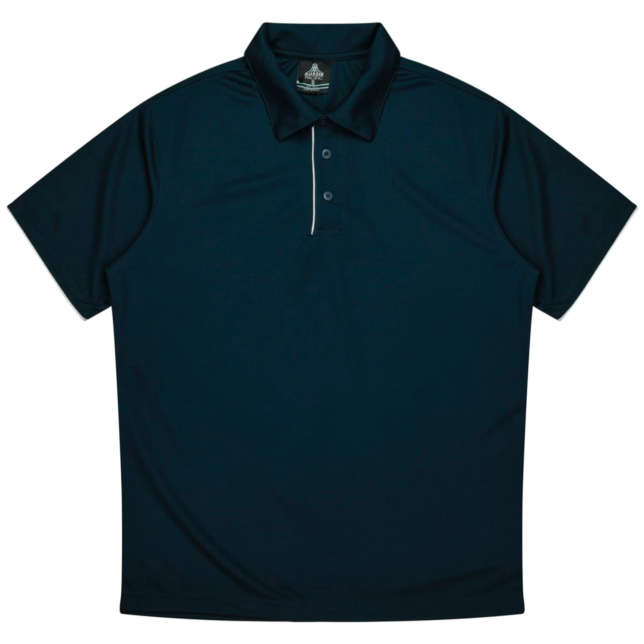 A navy blue polo shirt with a collar and three-button placket, featuring a logo on the upper part.