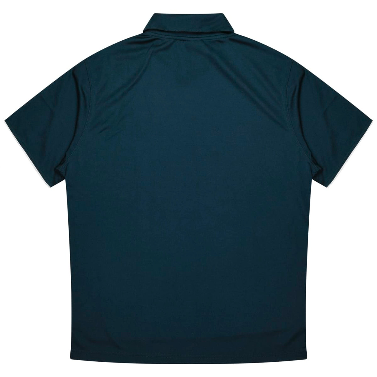 A dark green polo shirt featuring a classic collar and short sleeves, with a logo on the back.