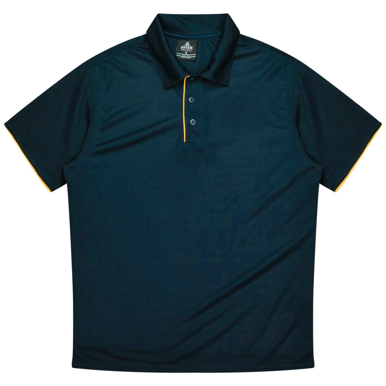 A dark green polo shirt with a collared neckline and a contrast yellow trim, featuring a logo on the chest.