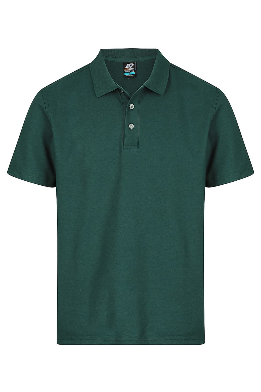 A dark green polo shirt featuring a collar, short sleeves, and a three-button placket. It has a logo.