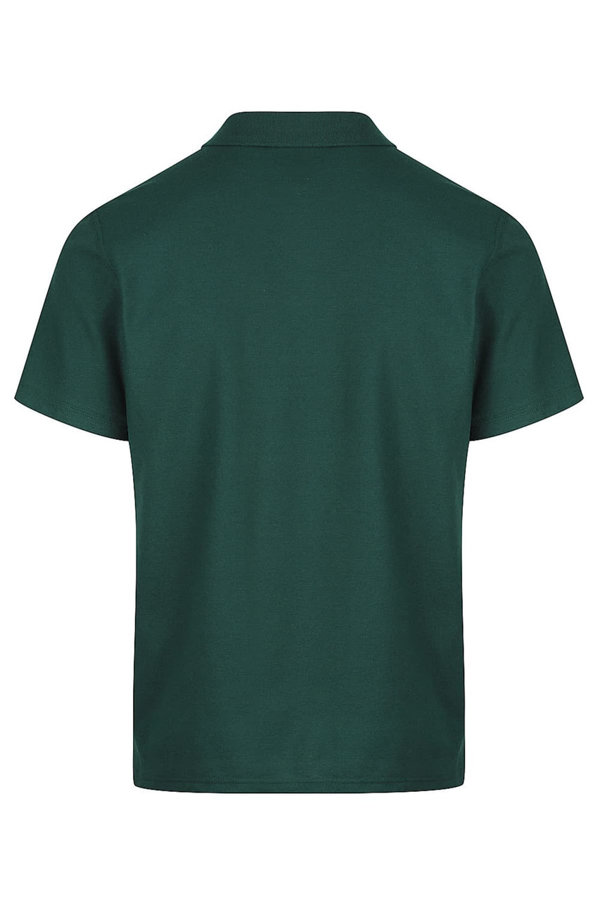 A green polo shirt with a classic collar and short sleeves, featuring a branding logo.