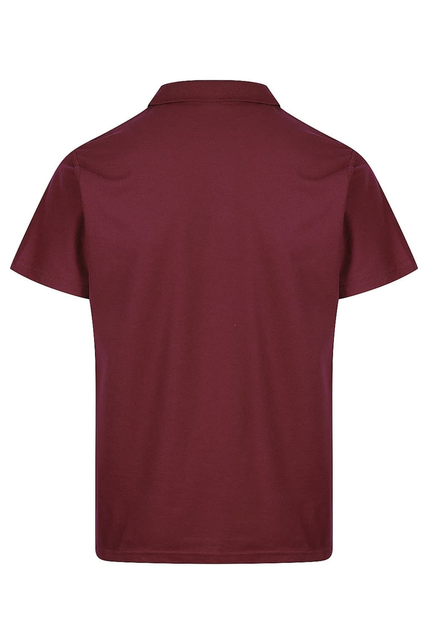 A maroon polo shirt featuring a collar and short sleeves. The back view is displayed.