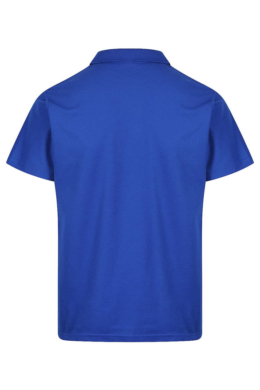 A blue polo shirt featuring a classic collar and short sleeves. The back is plain with a logo at the neck.
