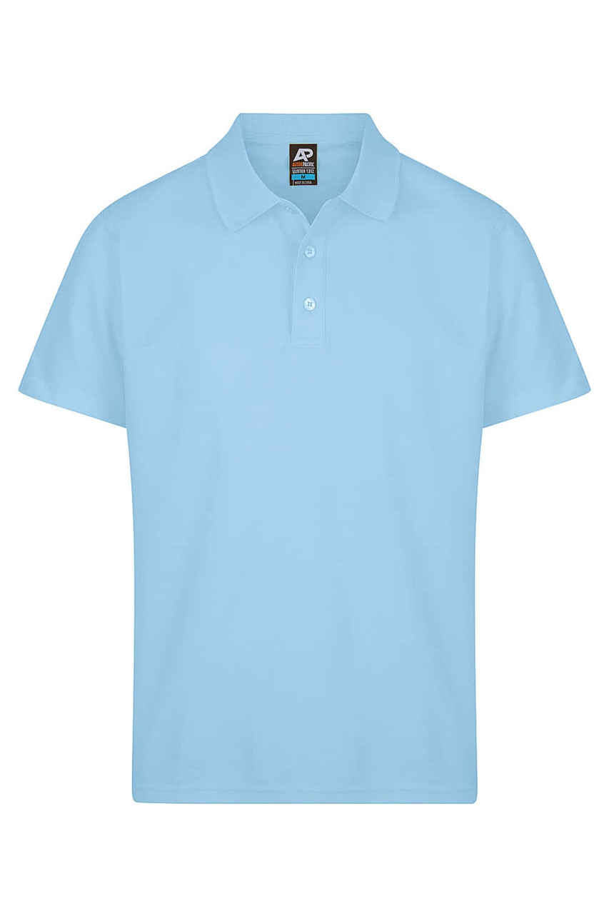 A light blue polo shirt with a collar and three buttons, featuring a logo on the label.