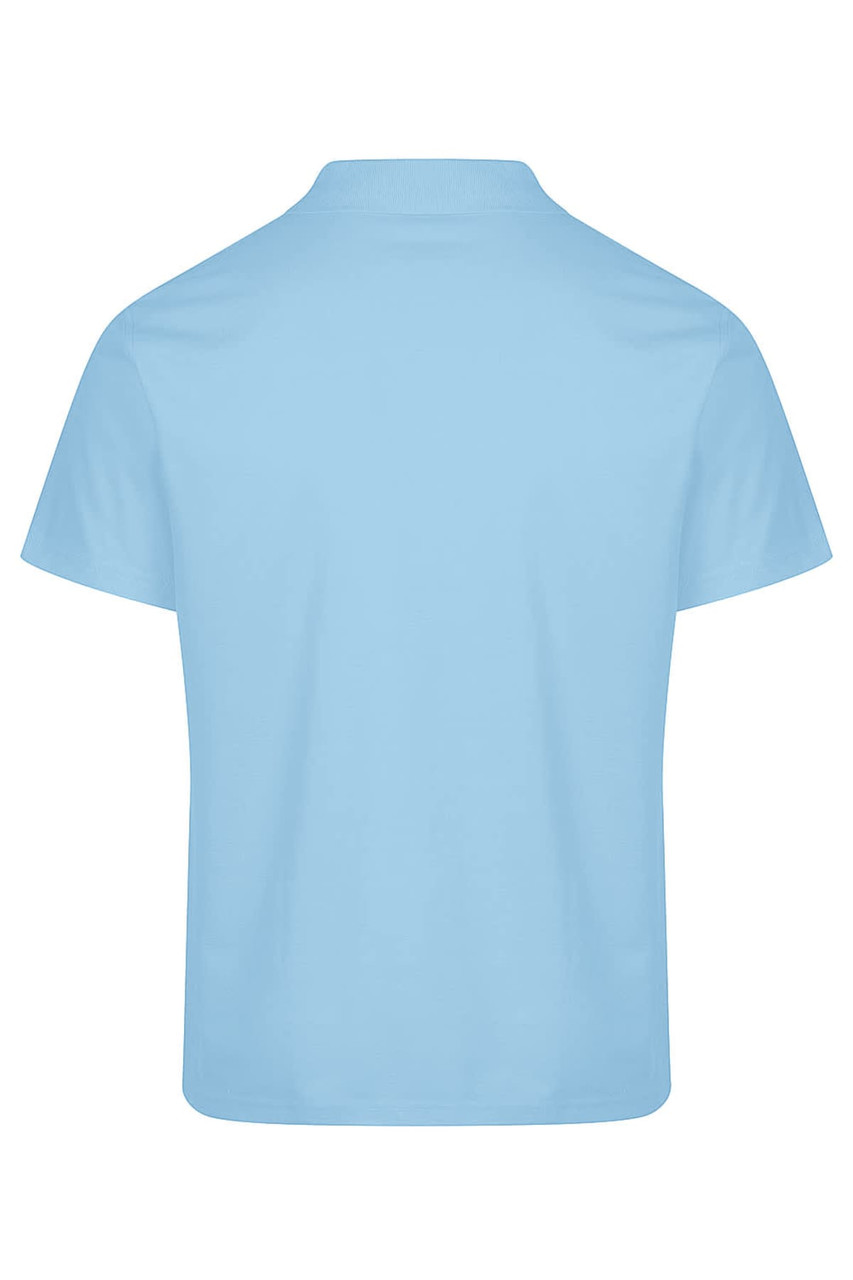 A light blue polo shirt with a collar, featuring a branding logo on the back.