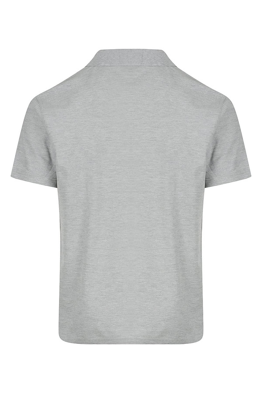 A grey polo shirt with a classic collar and short sleeves, featuring a logo on the back.