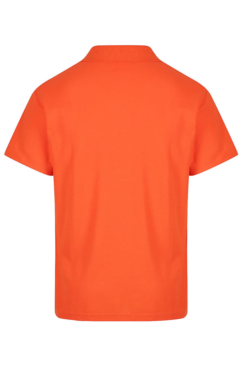 An orange polo shirt with a simple design, featuring a collar and short sleeves. It has a logo on the back.