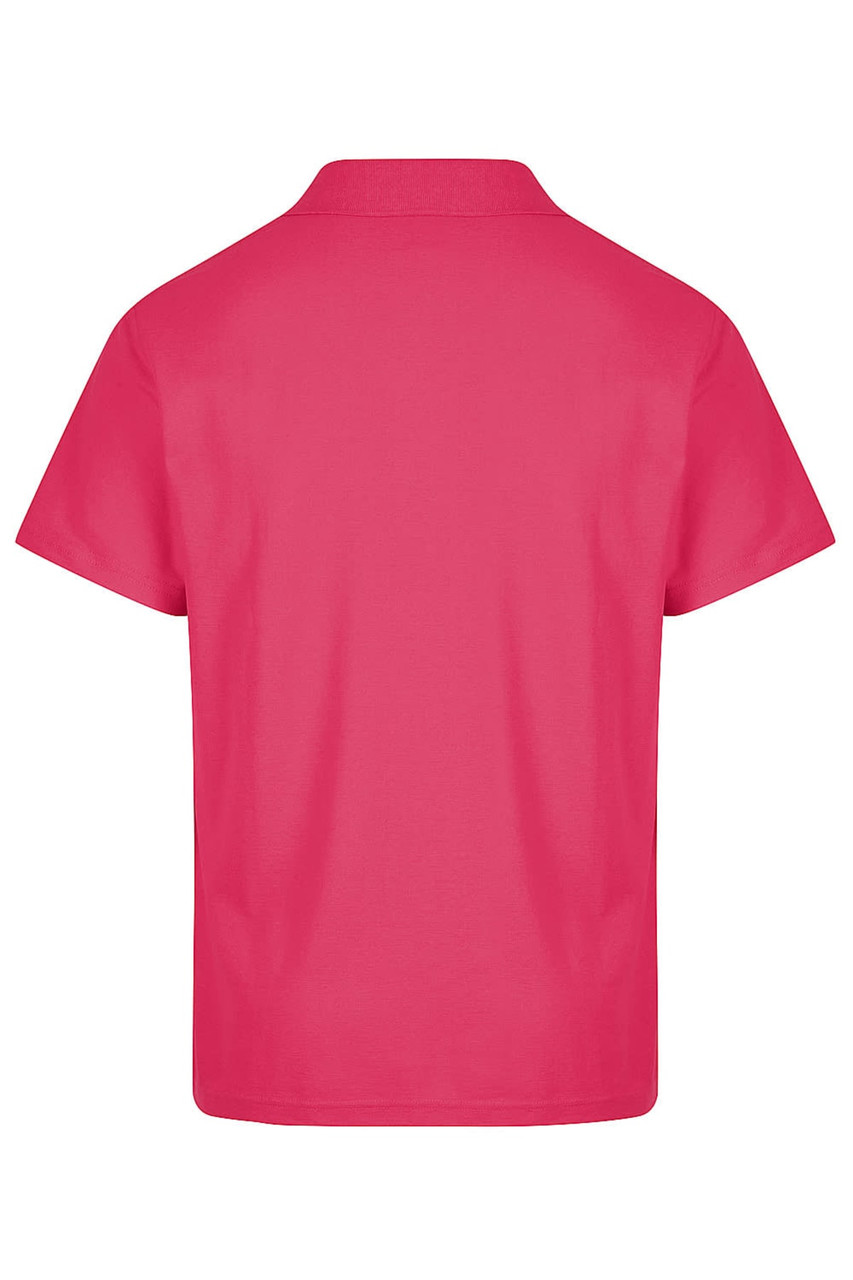 A pink polo shirt with a collar and a back view, featuring a logo.