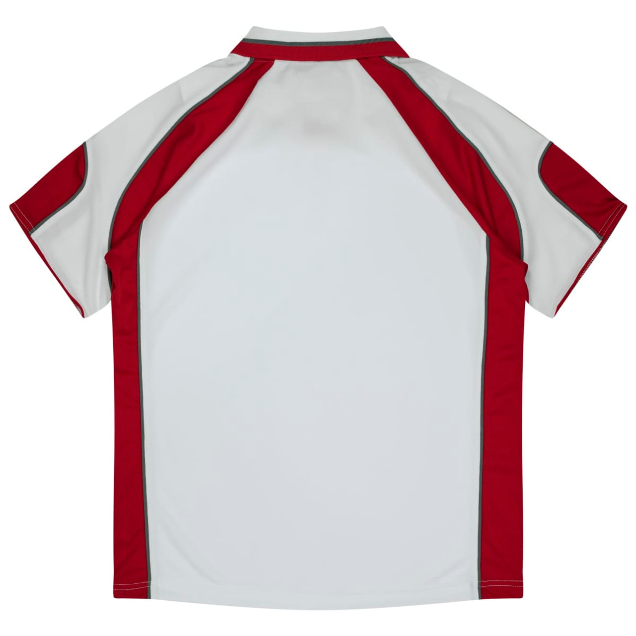 A polo shirt featuring a predominantly white base with maroon accents and a logo on the design.