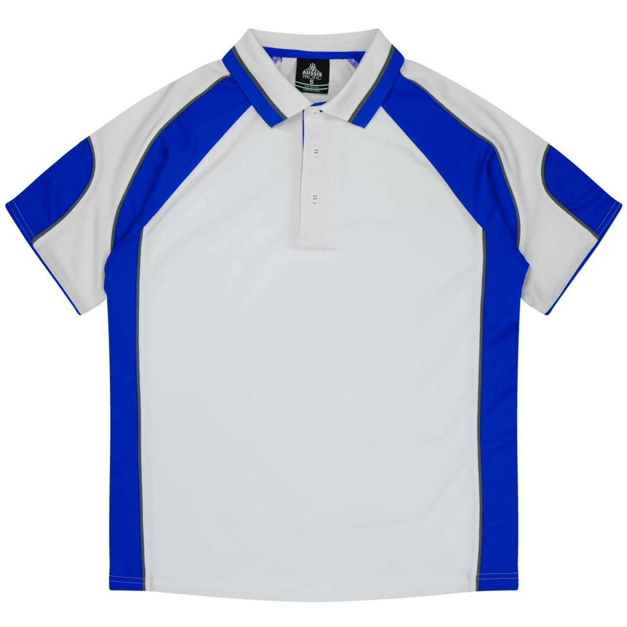 A white polo shirt with blue accents and a logo on the collar. Features a sporty design with contrasting panels.