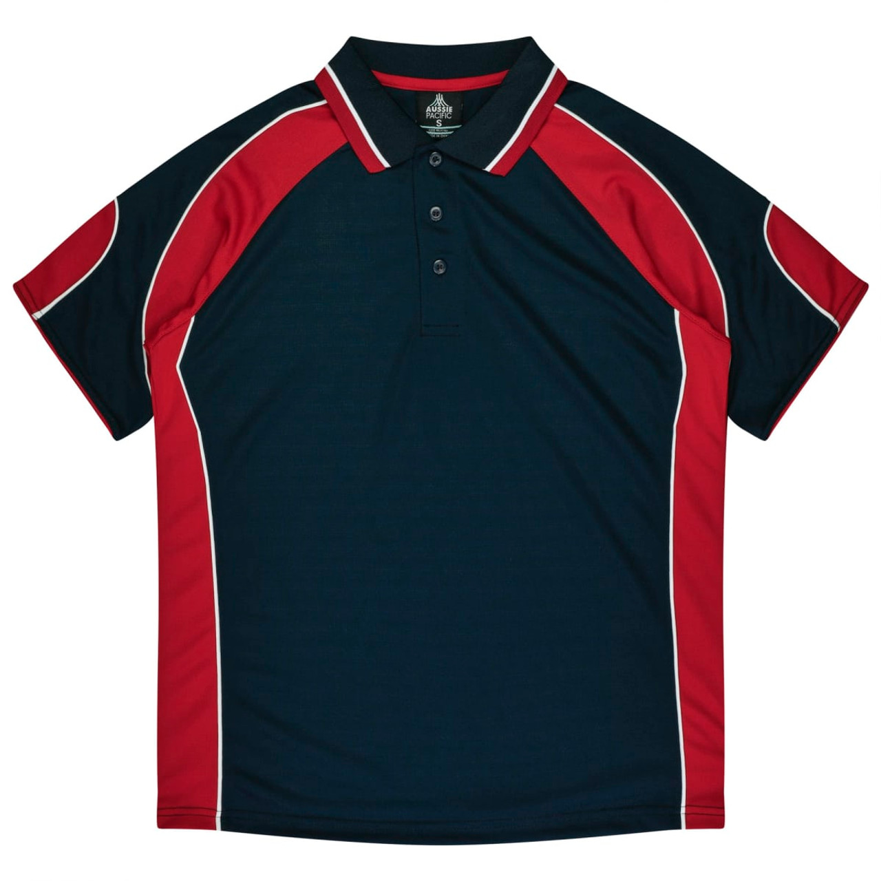A navy and red polo shirt featuring a collar, short sleeves, and a logo.