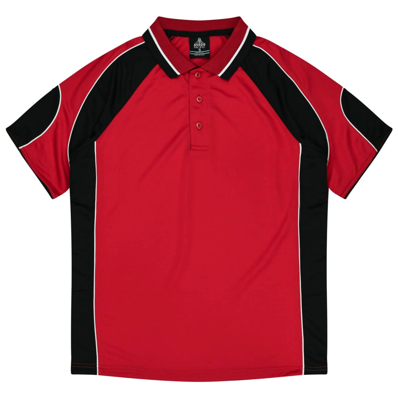 A red polo shirt with black accents and white piping, featuring a collar and three buttons. It has a logo on the chest.