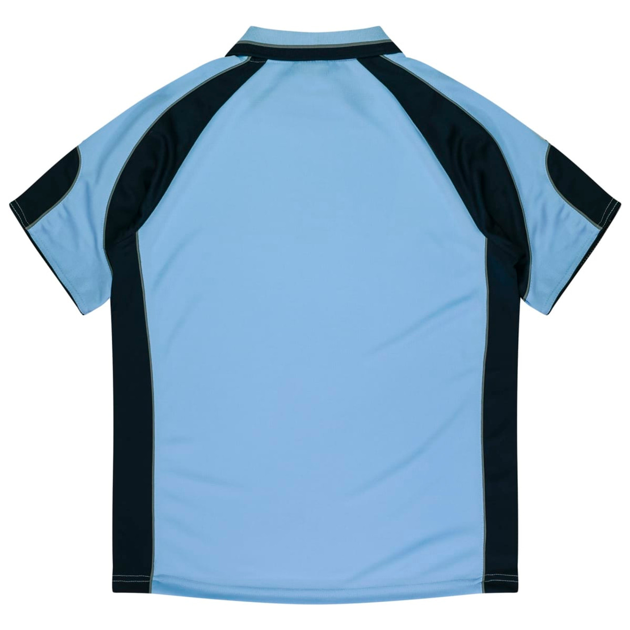 A polo shirt featuring a light blue body with black accents and a branding logo.