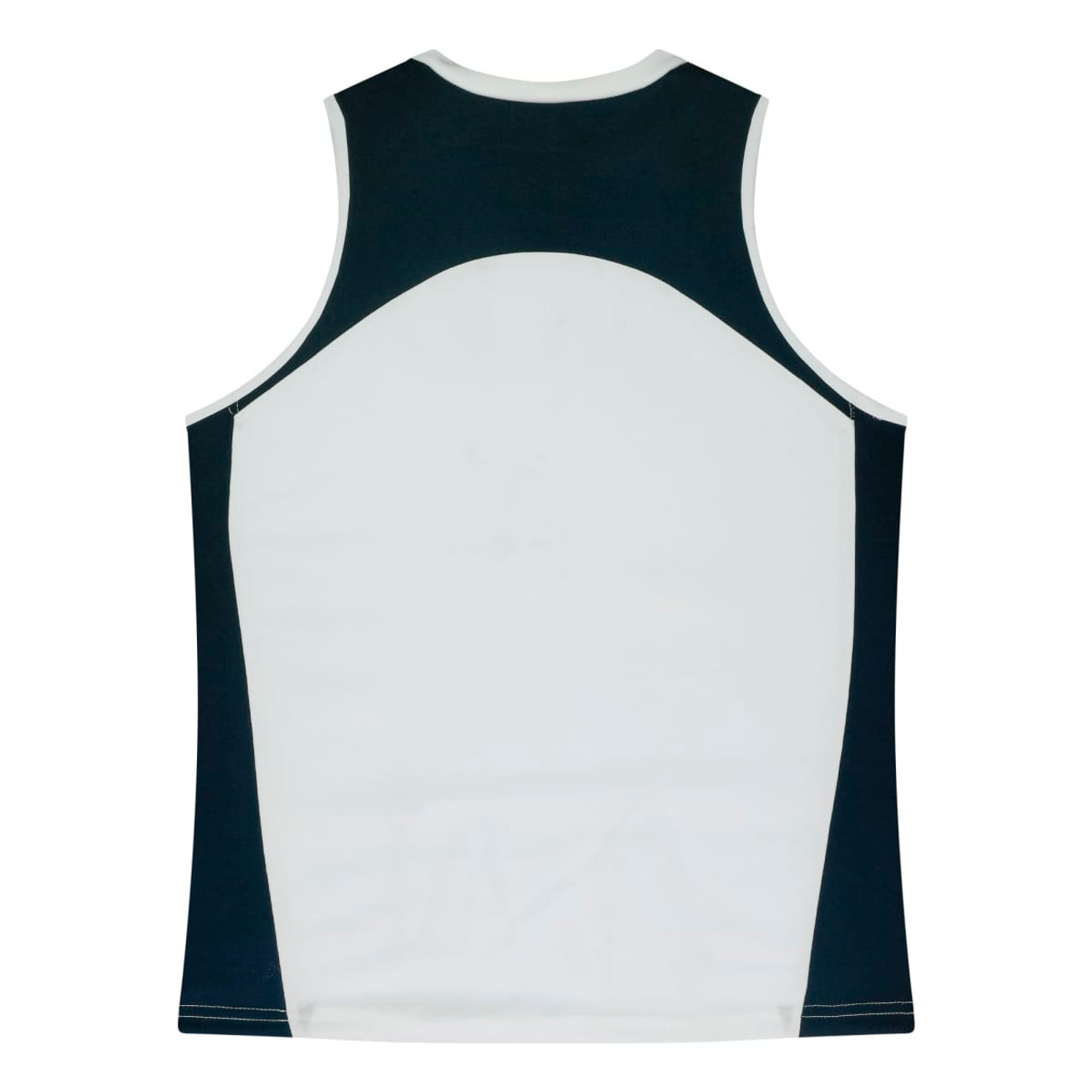 A sleeveless singlet featuring a white front with navy blue accents and a branding logo.