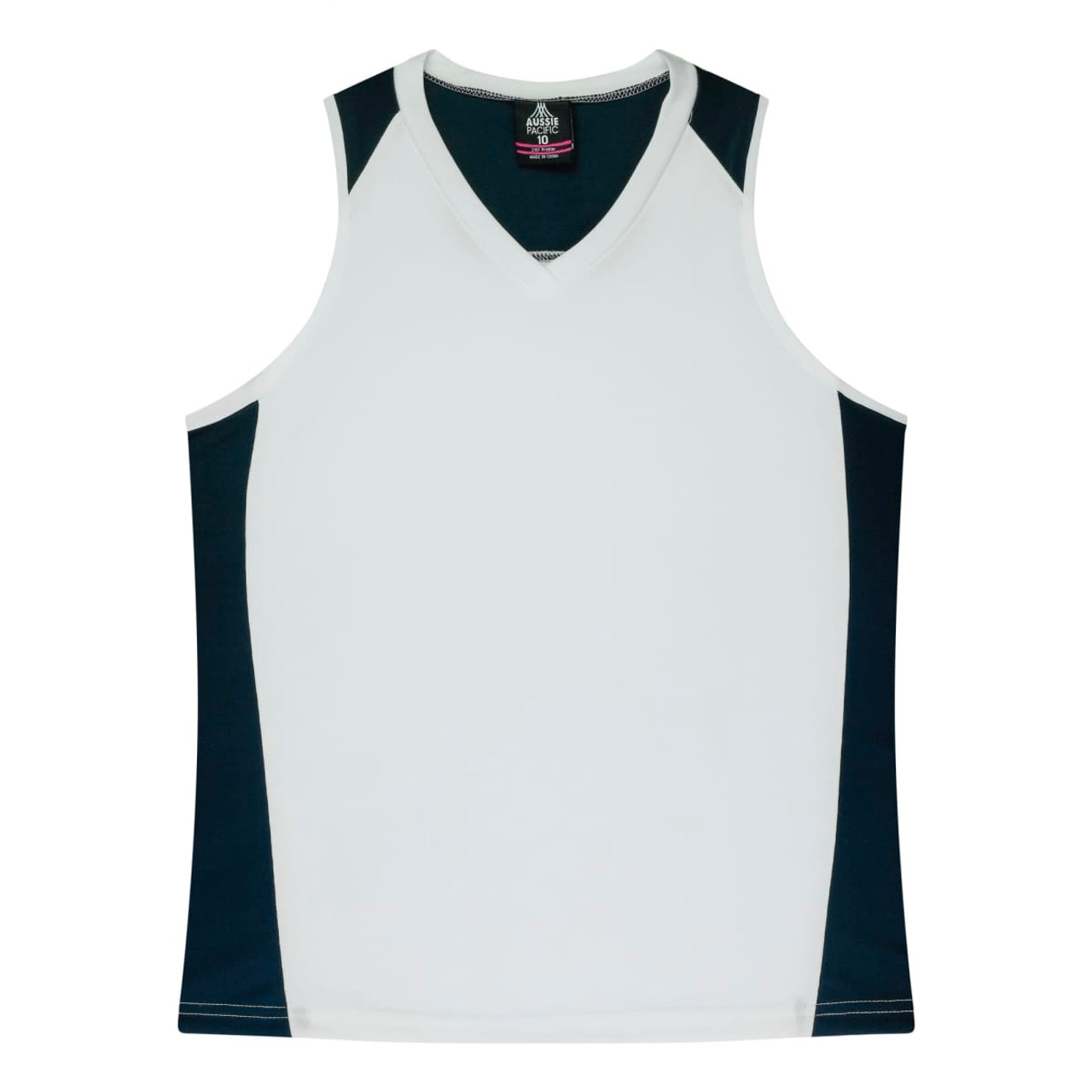 A sleeveless singlet featuring a white front with navy blue side panels and a v-neck design. It has a logo at the collar.