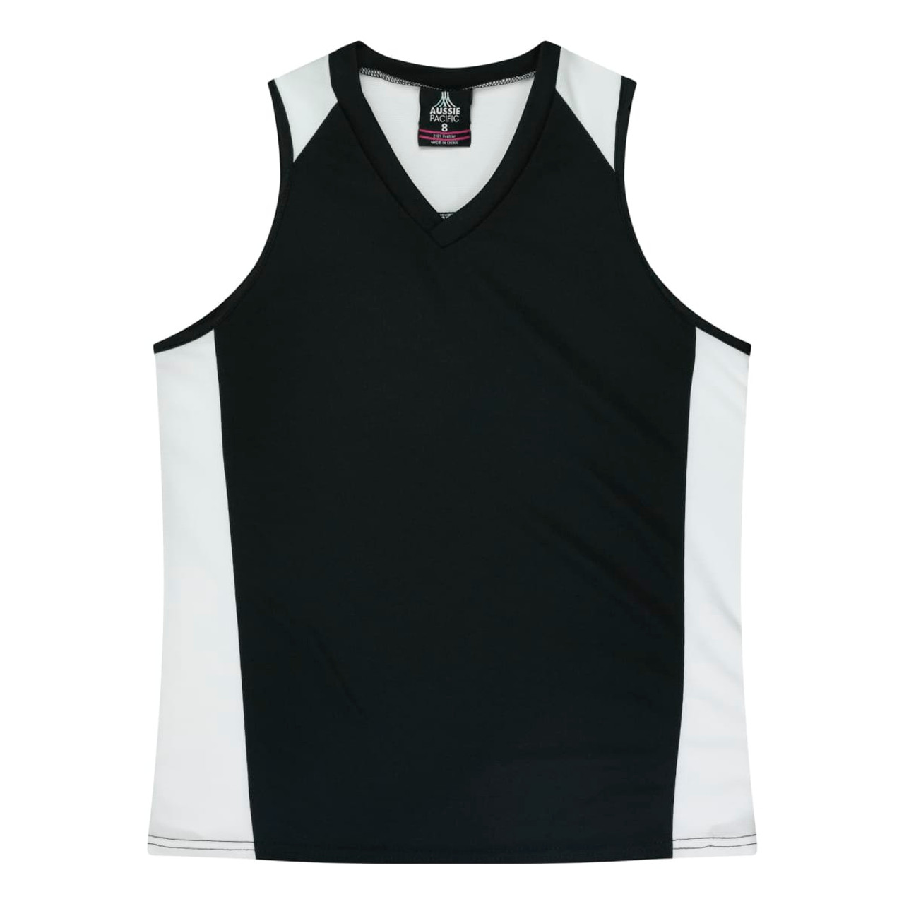 A black and white singlet with a v-neck design, featuring a logo on the neckline.