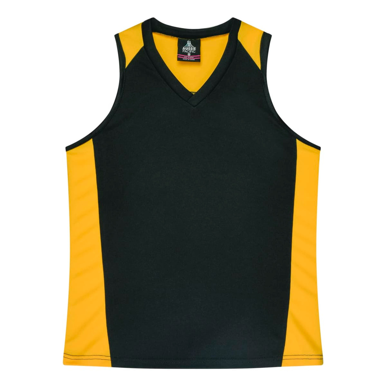 A dark green and yellow singlet with a v-neck design and branding on the label.
