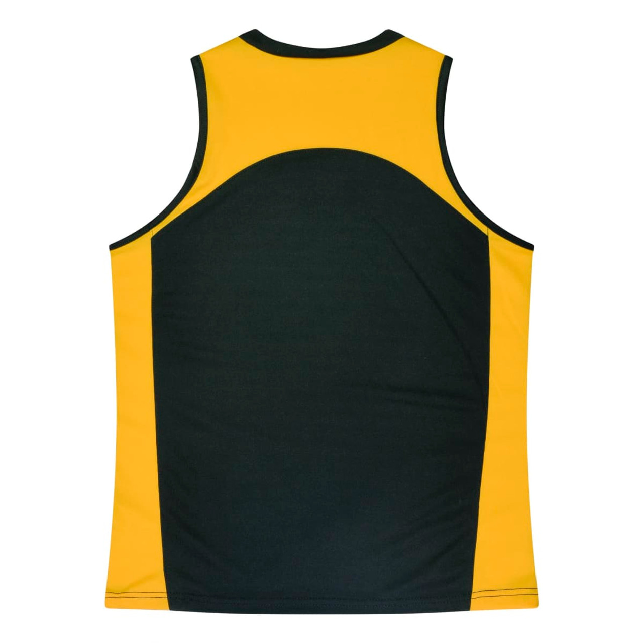 A green and yellow singlet featuring a branded logo on the back. Suitable for casual wear or sports.