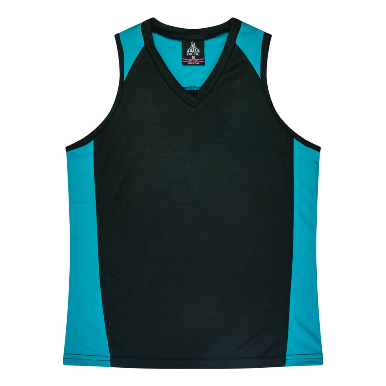 A black and blue singlet featuring a V-neck design, with contrasting panels and a logo on the upper back.