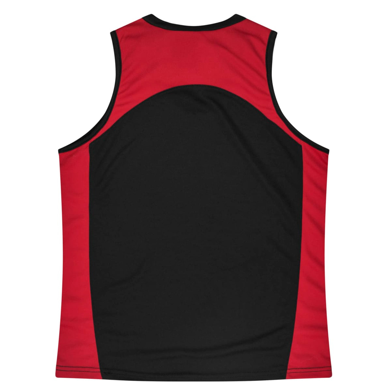 A black and red singlet featuring a logo on the back. Designed for casual wear.