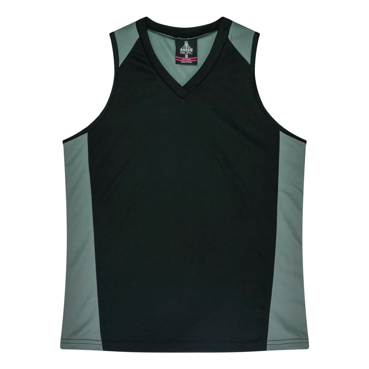 A dark green singlet with grey panels on the sides, featuring a v-neck design and a logo.