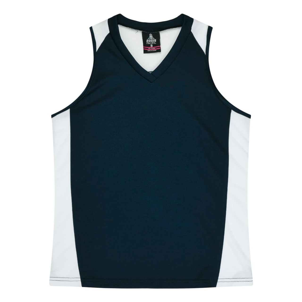 A navy singlet with white side panels and a V-neck design, featuring a logo on the neckline.