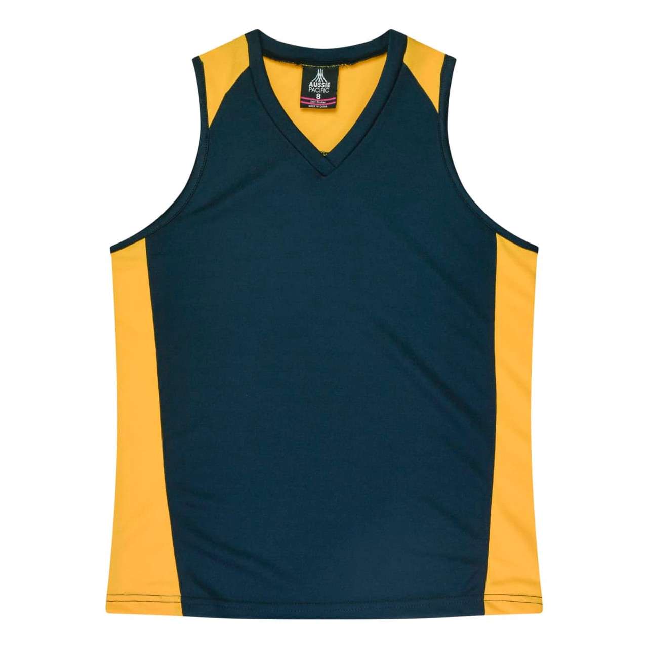 A green and gold singlet featuring a V-neck design and contrasting panels, with a small logo at the neckline.