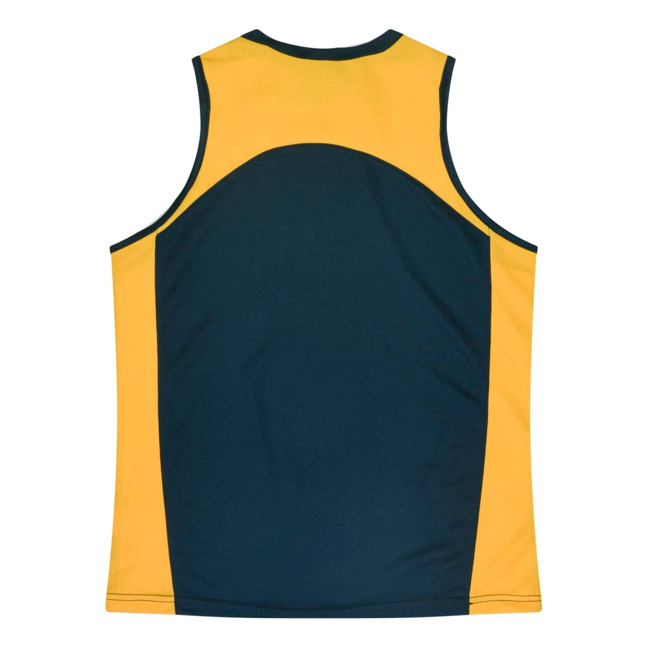 A sleeveless singlet featuring a split design in yellow and dark green, with a logo on the back.