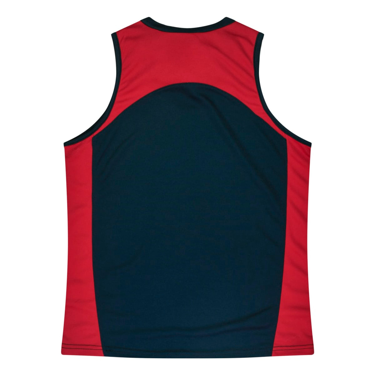 A singlet featuring a design in red and navy blue, with a logo on the back.