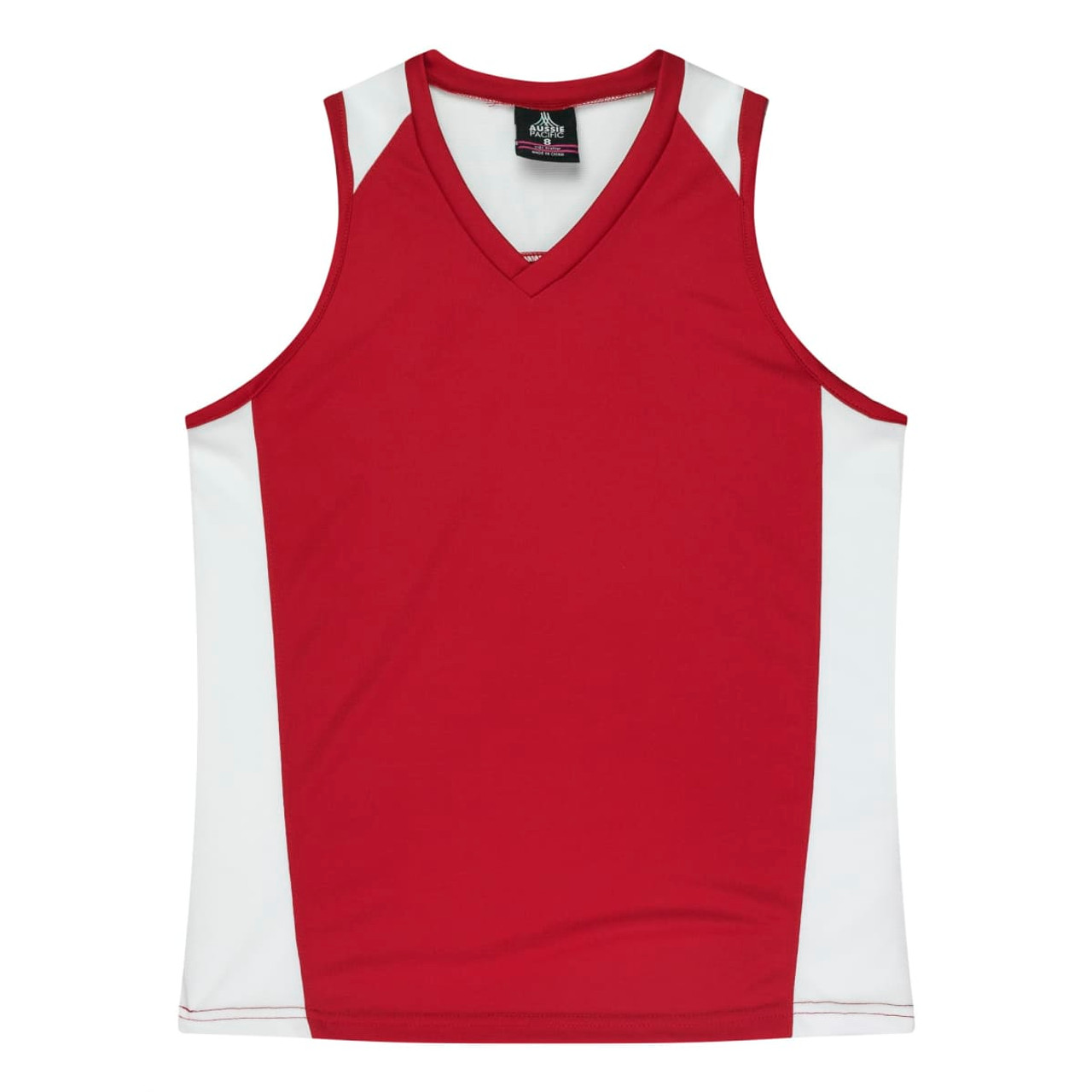 A red singlet with white accents and a v-neck design, featuring a logo on the label.