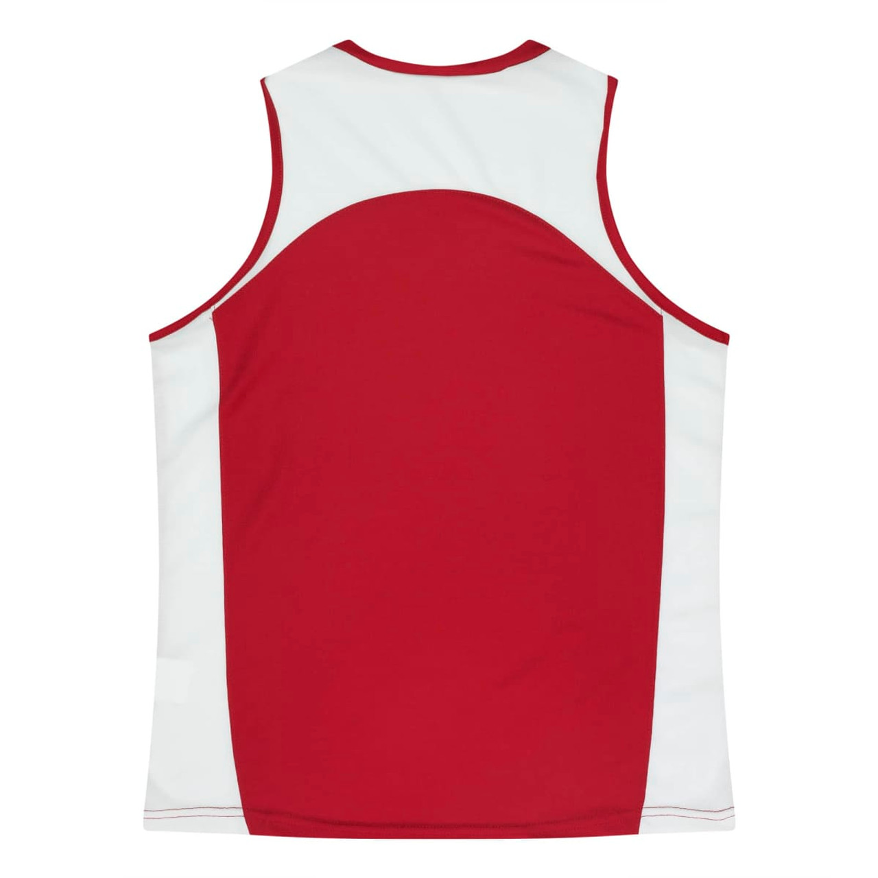 A red and white singlet featuring a branded logo on the back, designed for athletic use.