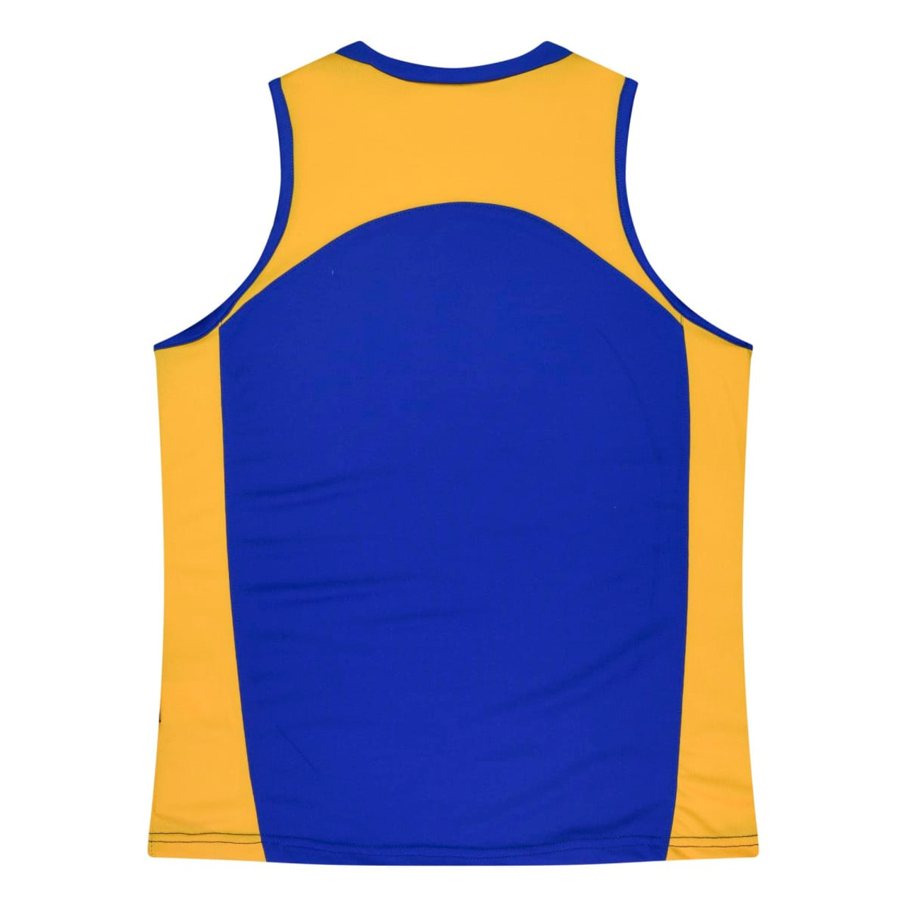 A blue and yellow singlet with a sporty design and a logo on the back.
