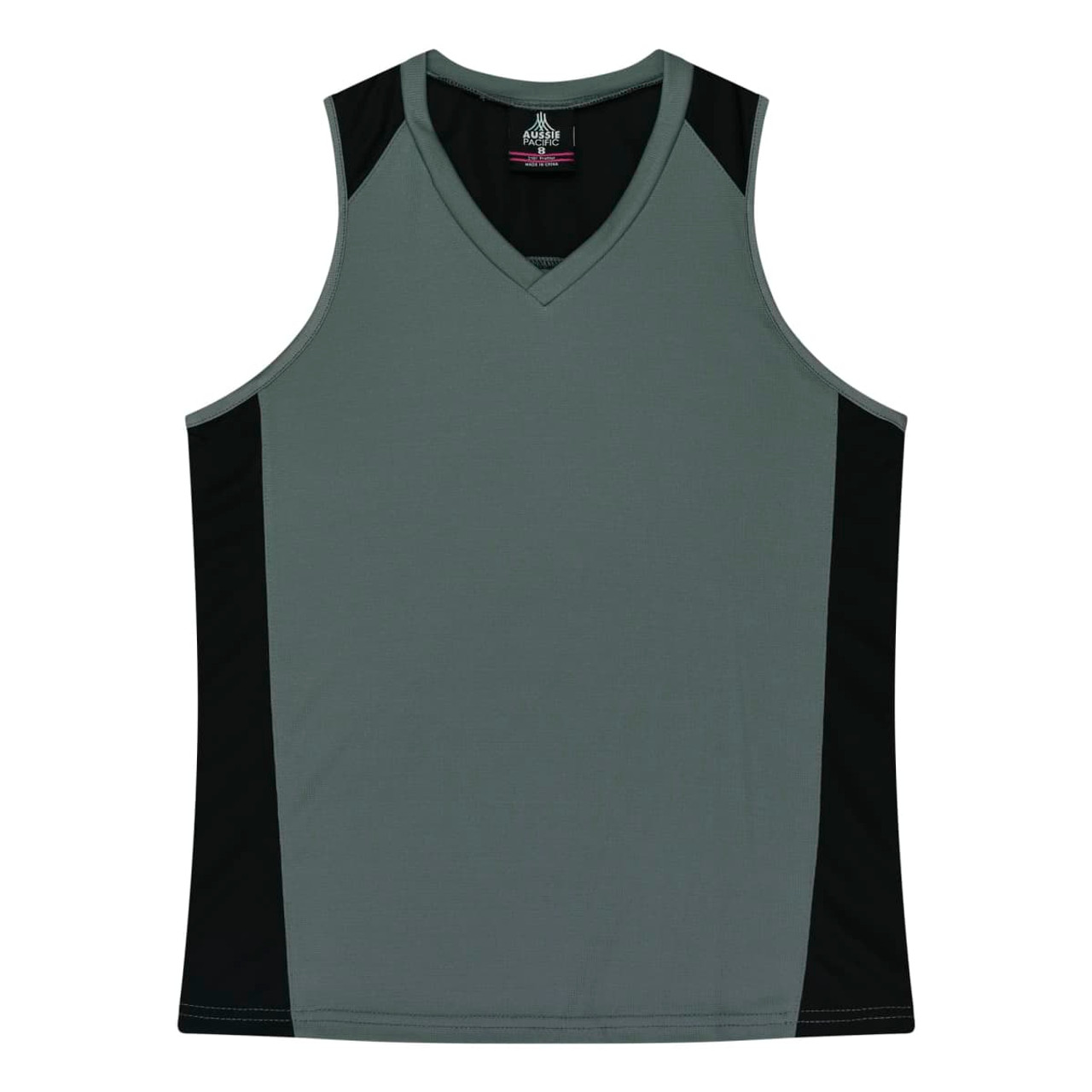 A grey singlet with black side panels, featuring a v-neck design and a logo on the chest.
