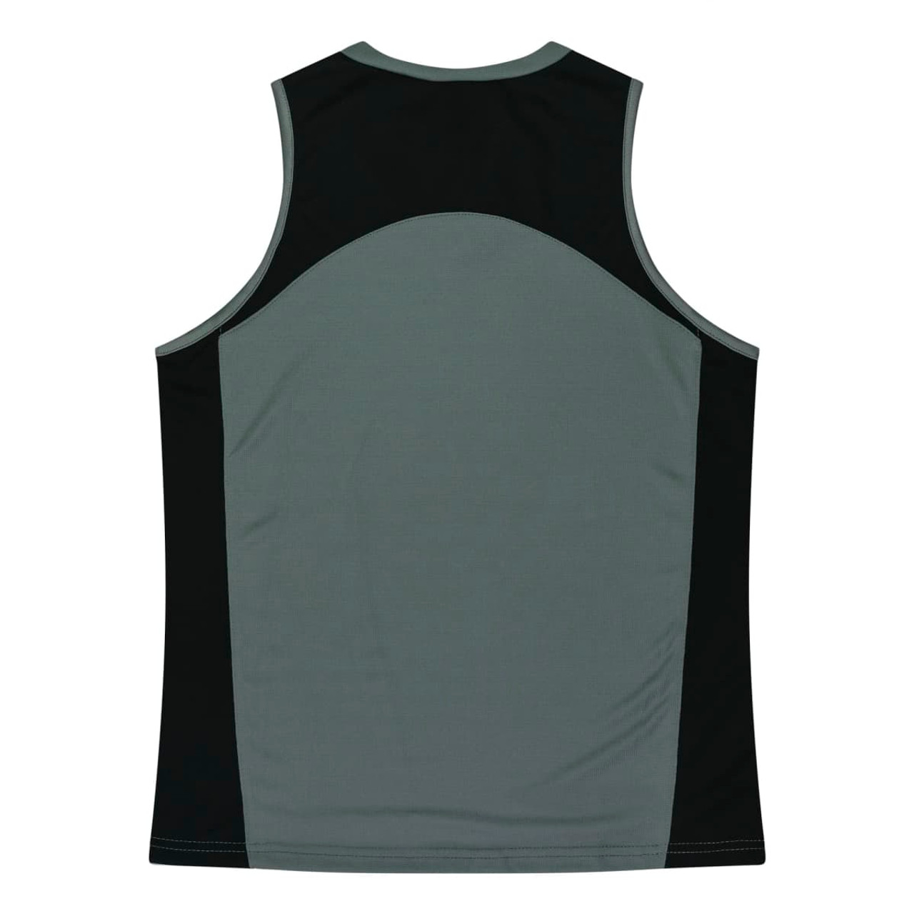 A grey singlet with black accents, featuring a sleek design and a logo on the back.