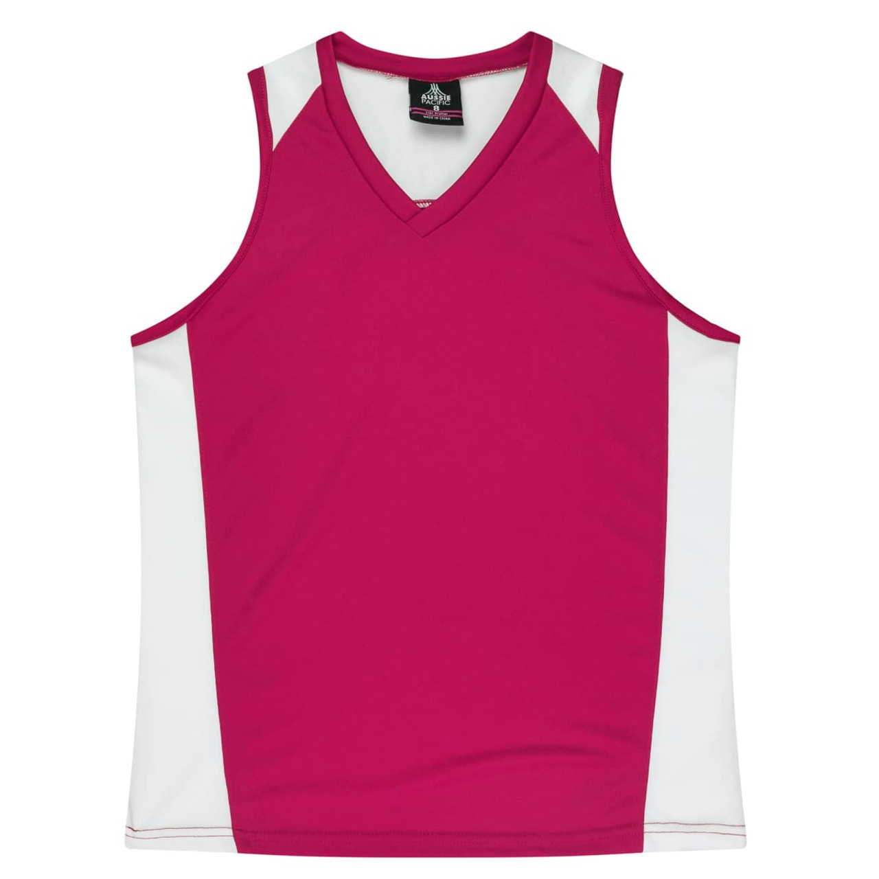 A maroon singlet with white side panels, featuring a v-neck design and a logo on the tag.