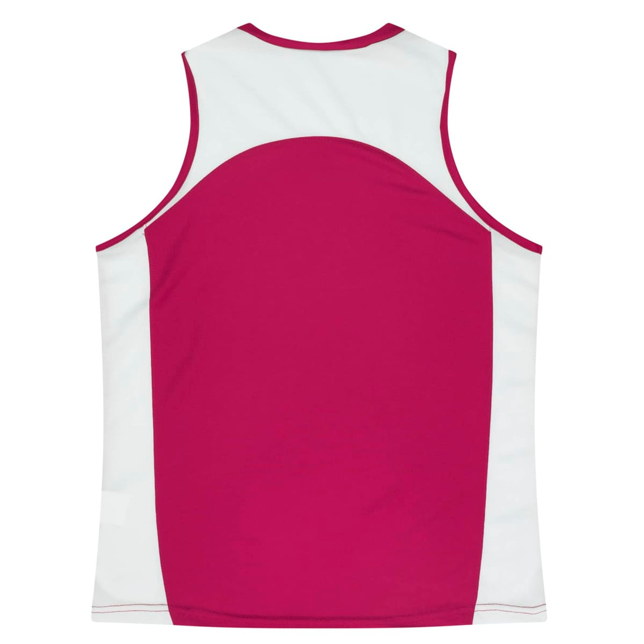 A sleeveless singlet featuring a maroon front and white back, with a logo present on the design.
