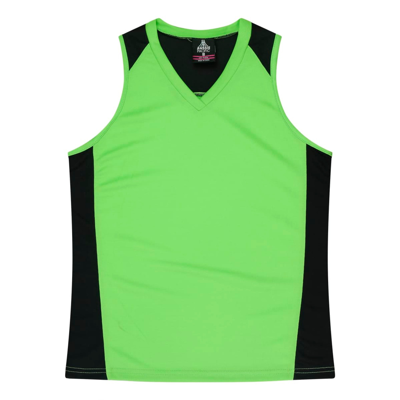 A bright green singlet with black side panels and a V-neck design, featuring a logo on the upper back.