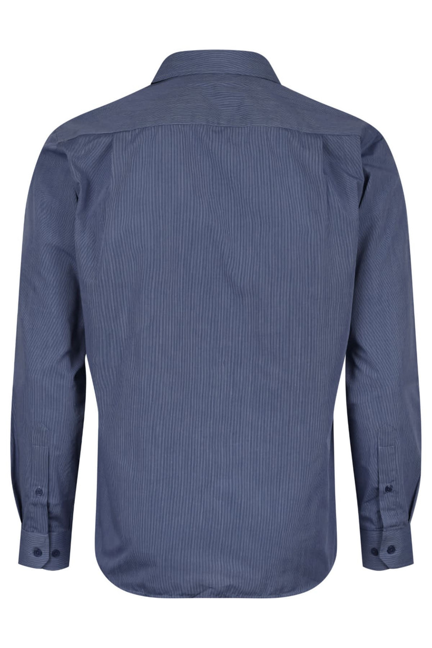 A long-sleeve button-up shirt in navy blue with a striped pattern and a logo. Features a standard collar and button cuffs.