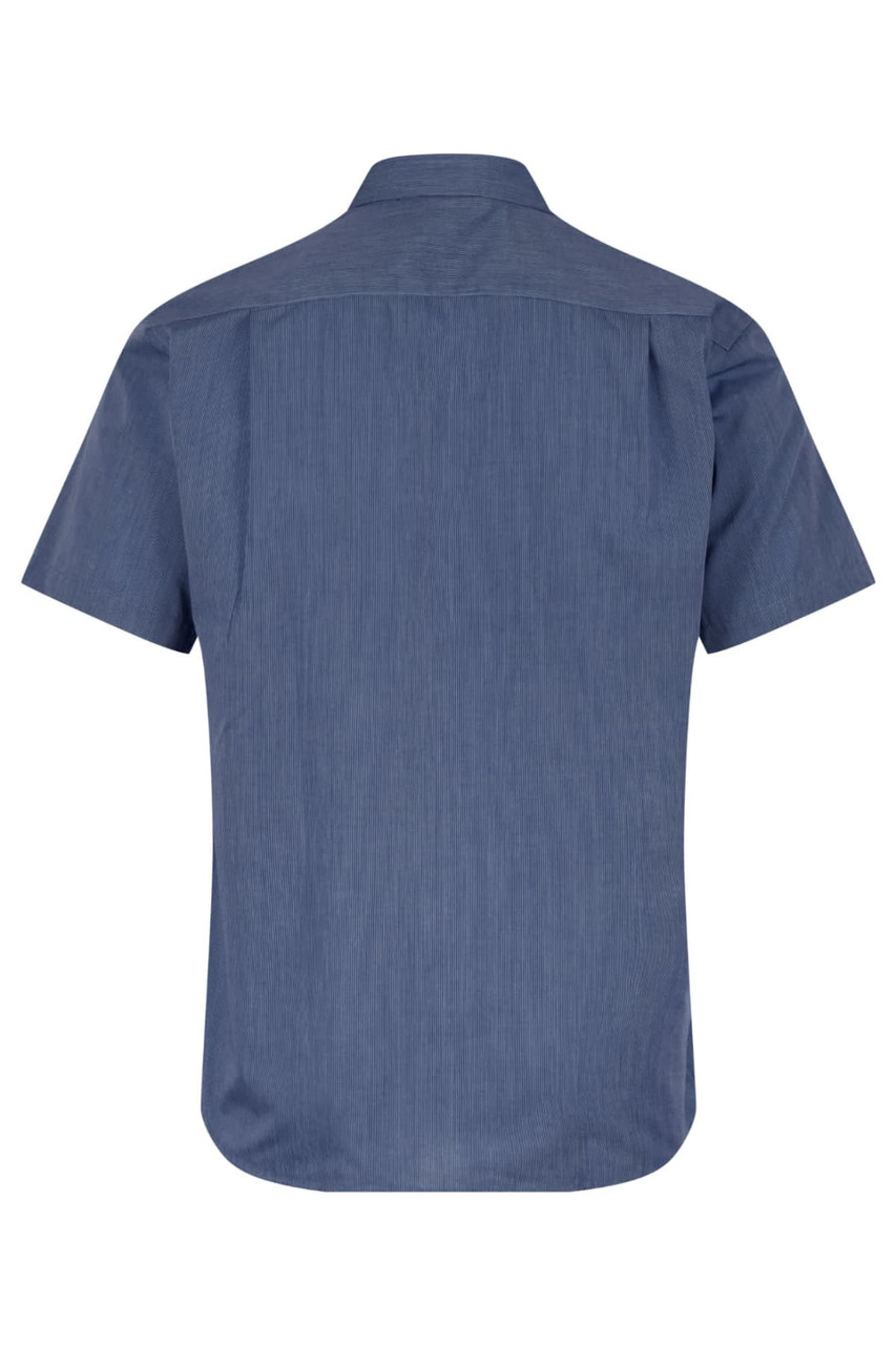 A short-sleeve button-up shirt in a blue tone with a subtle texture, featuring a logo on the back.
