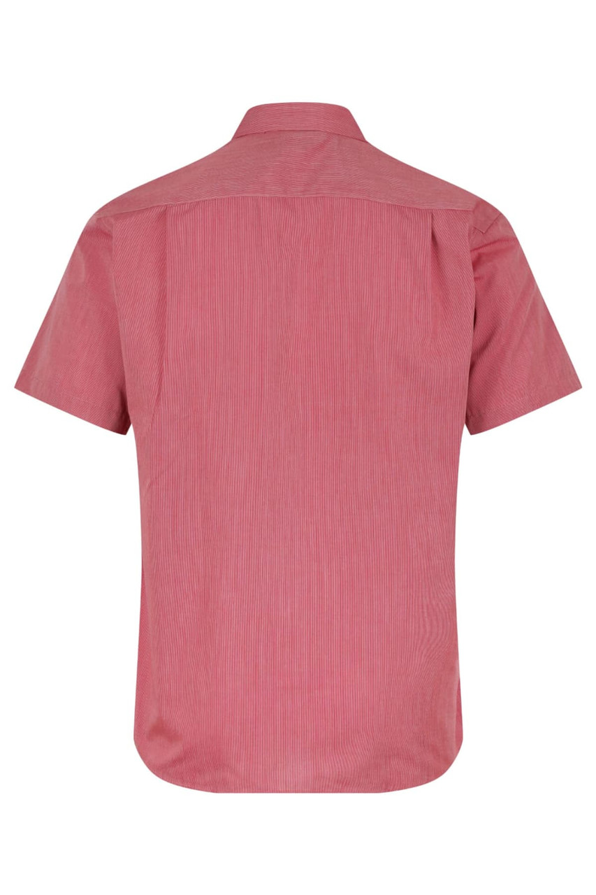 A short-sleeve button-up shirt in a red and white striped pattern, featuring a back yoke and a logo.