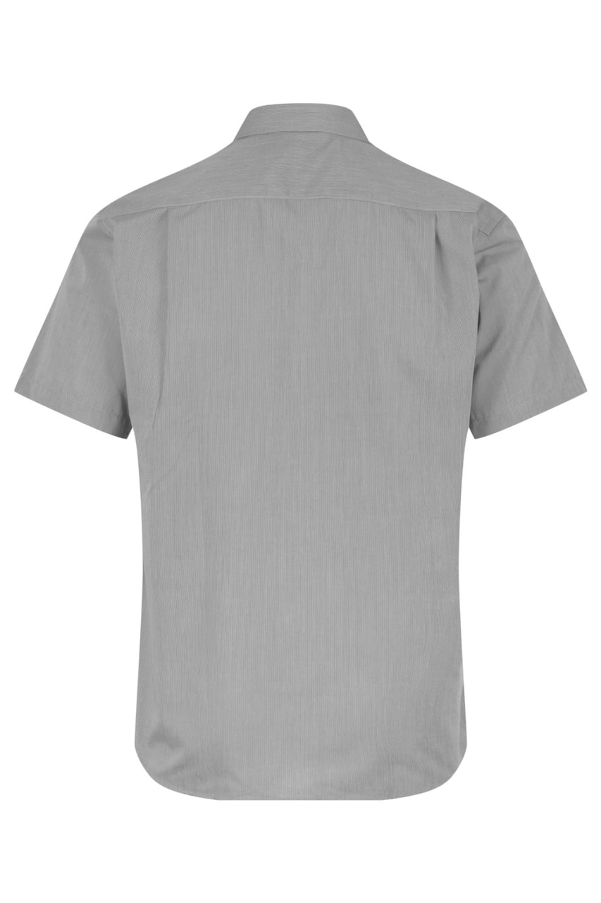 A short-sleeve button-up shirt in grey, featuring a back yoke and plain design, with a logo.