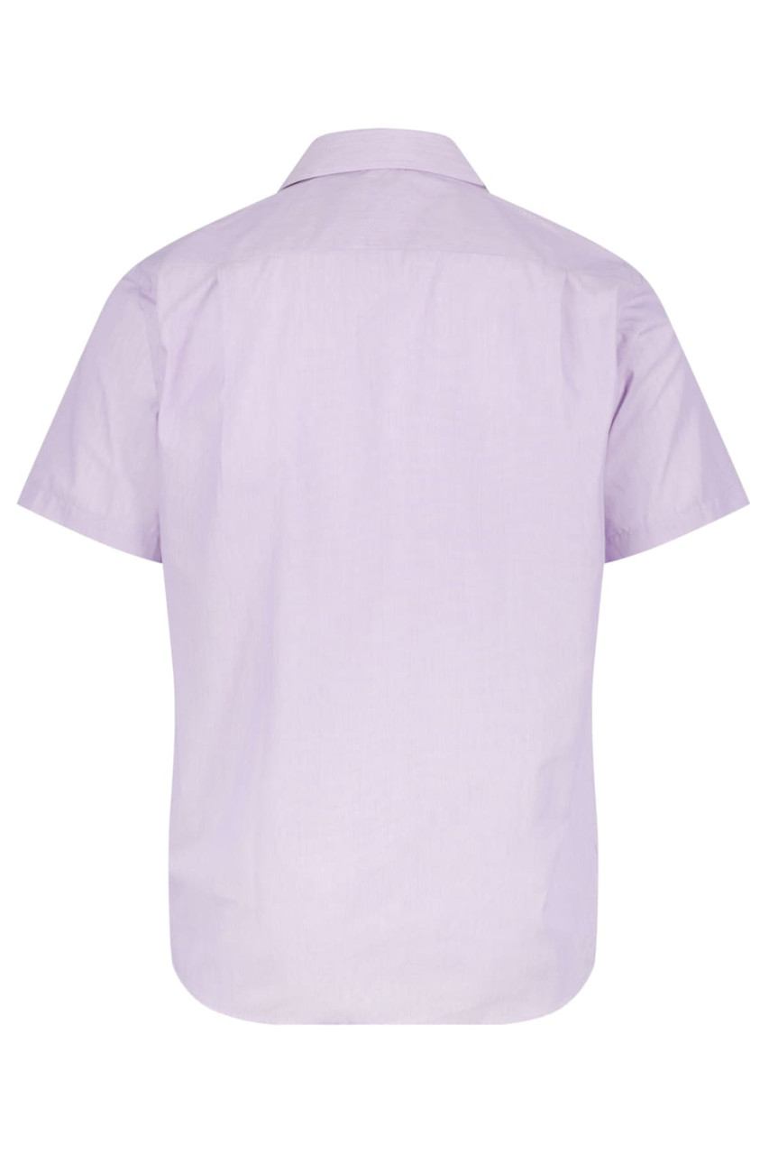 A short sleeve button-up shirt in light purple with a plain back design and a collar.