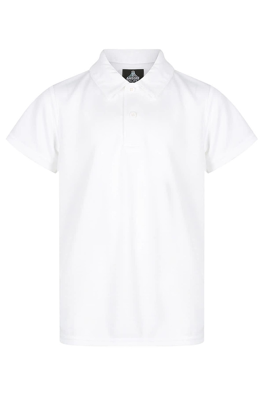 A white polo shirt with a collar, featuring a logo on the upper section. Suitable for sports uniforms.
