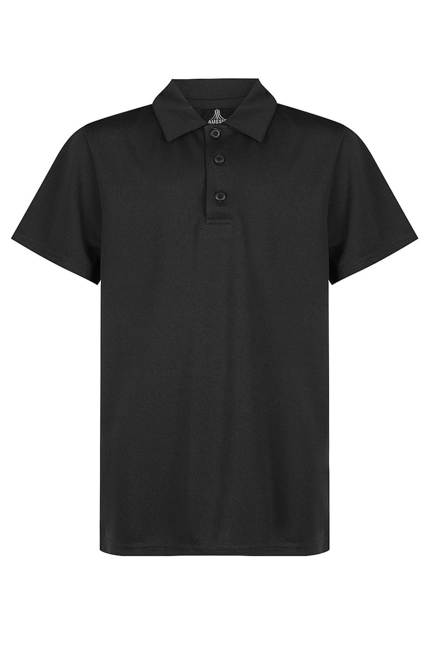 A black polo shirt with a collar and three buttons, featuring a logo on the upper chest area.
