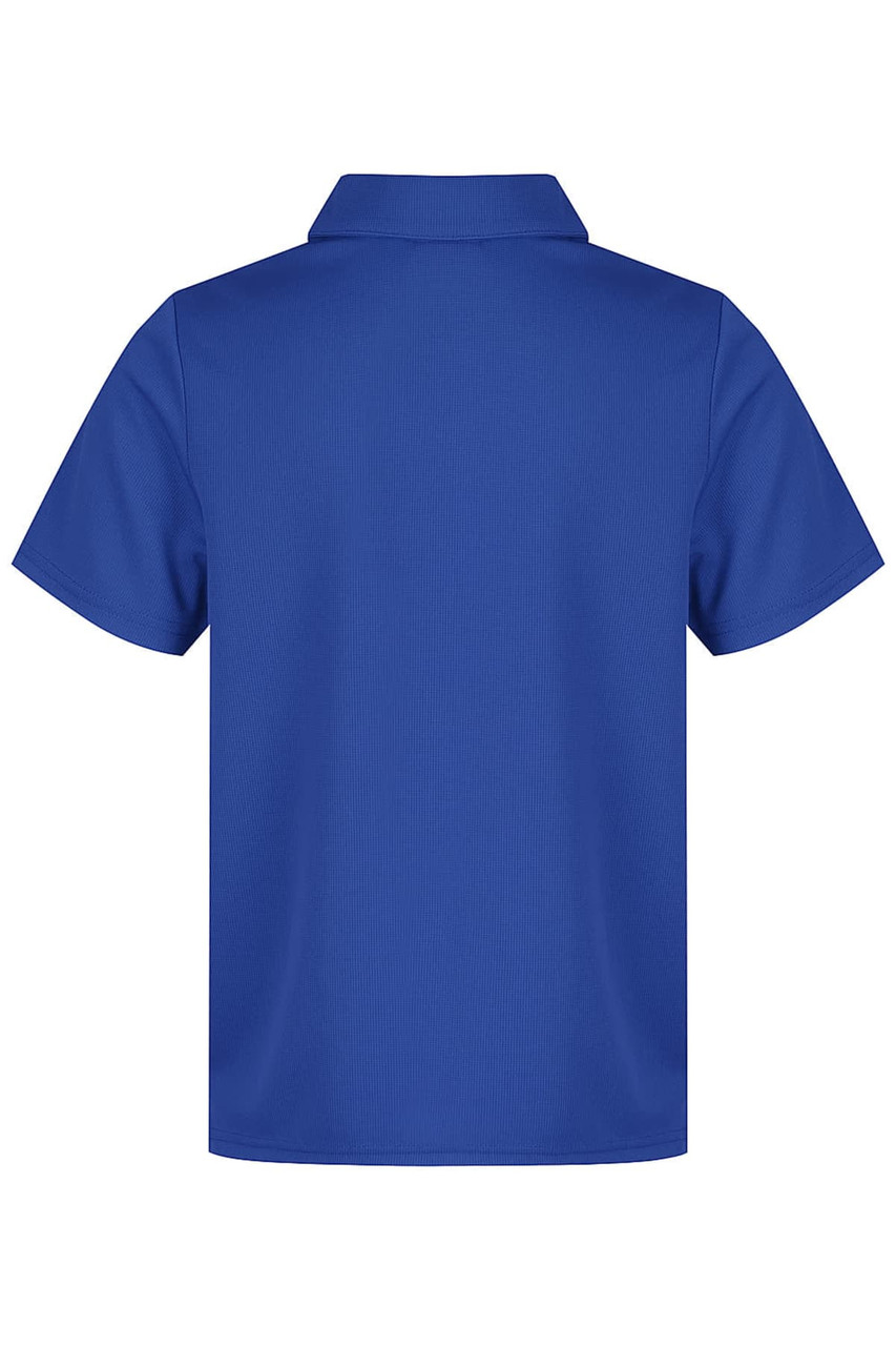 A blue polo shirt with a collar and short sleeves. The back features a logo or branding.